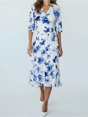 Falconeri Silk Floral Midi Wrap Dress White Blue  Flowy Coastal Party Large NWT